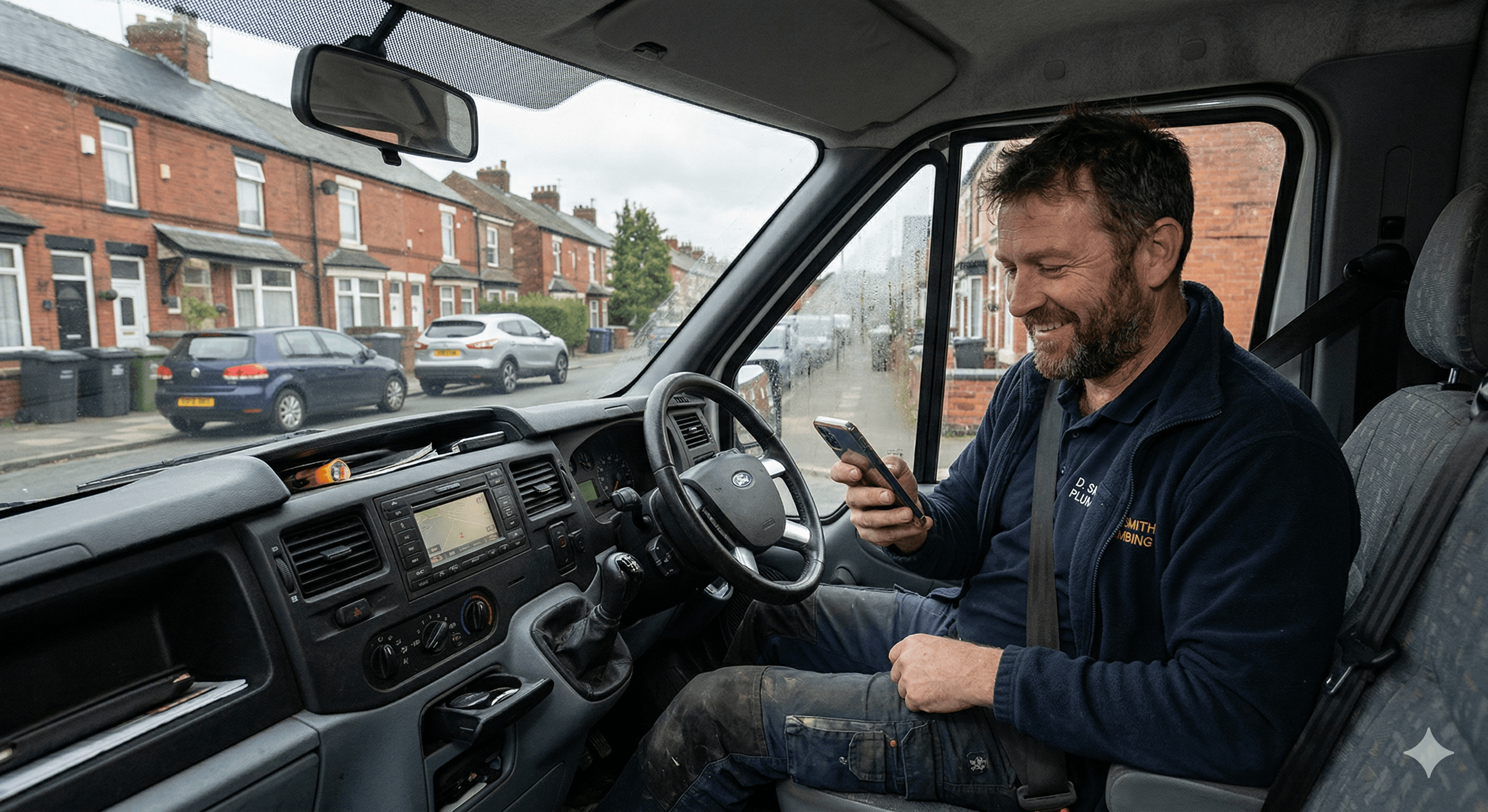 Tradesman in his van checking phone notifications from Invox AI